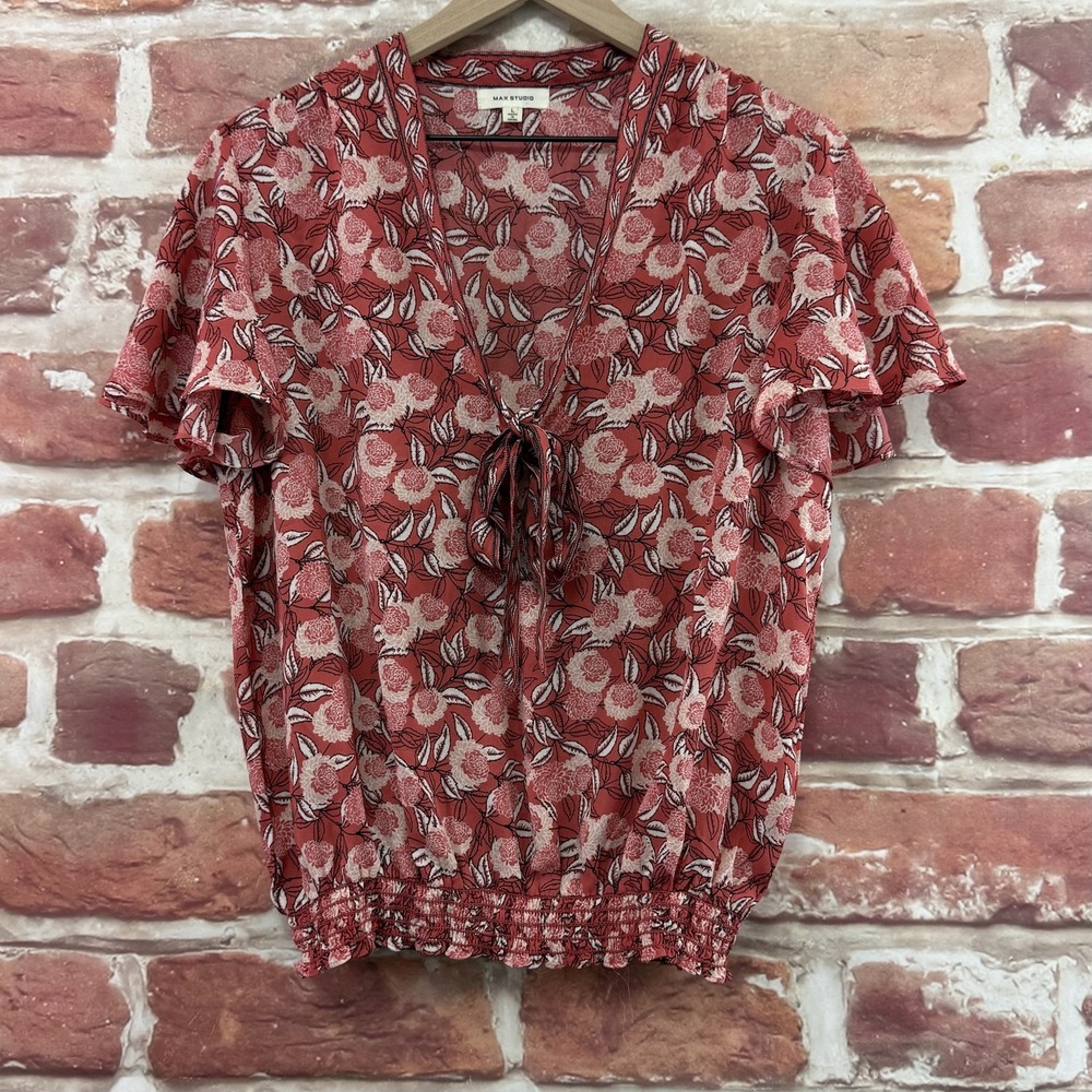 Max Studio Top Women's L Dark Pink Boho Floral Tie Neck Casual Career Shirt